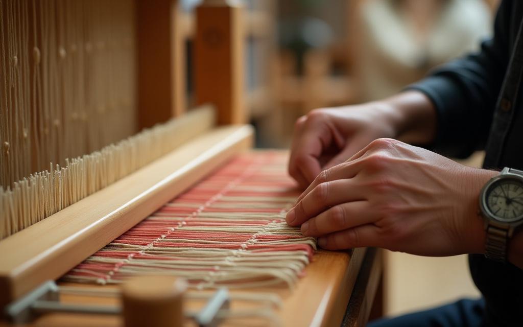 伝統的な日本の織機で手仕事をする職人の手元のクローズアップ