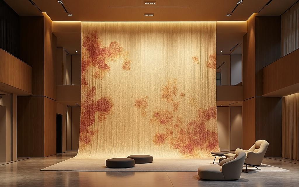 モダンなホテルロビーに設置された大規模なテキスタイルアートのインスタレーション